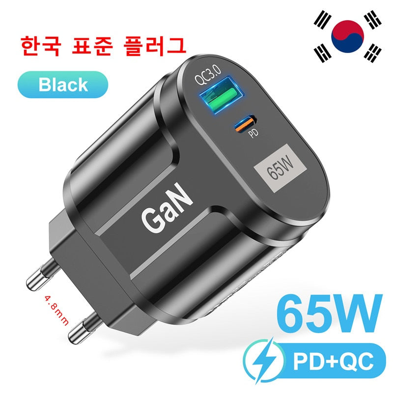 USLION GaN 65W USB C Charger Quick Charge Korea Plug PD USB-C Type C Fast USB Charger For iPhone 13 Xiaomi Samsung Max Macbook