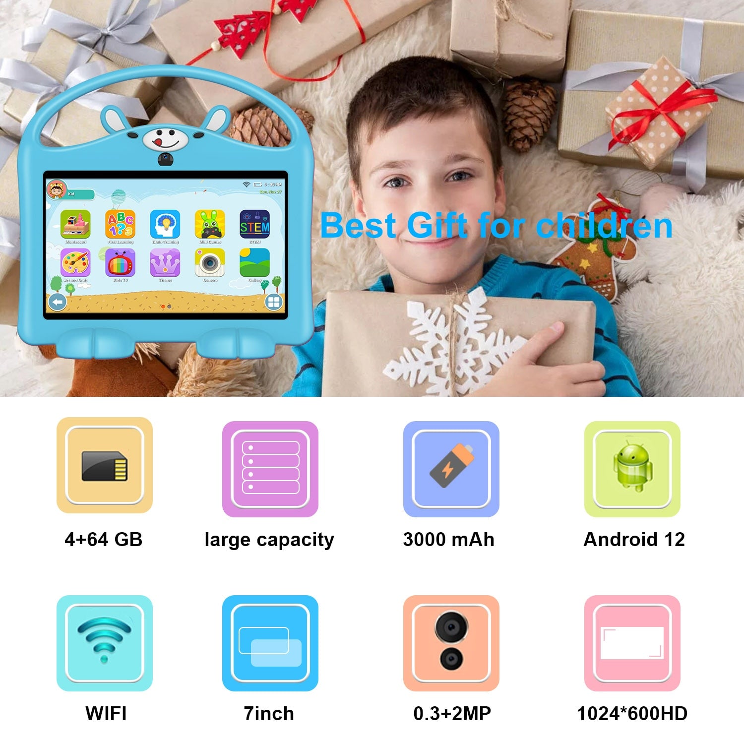 XGODY 7 Inch Android Kids Tablet PC For Study Education 64GB ROM Quad Core WiFi OTG 1024x600 Children Tablets With Tablet Case