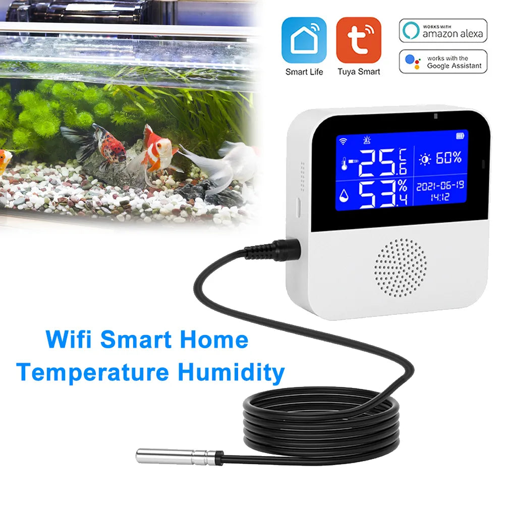 LCD Display Tuya WIFI Temperature Humidity Sensor For Smart Home or Plant Growth High Precison With Water Temperature Line