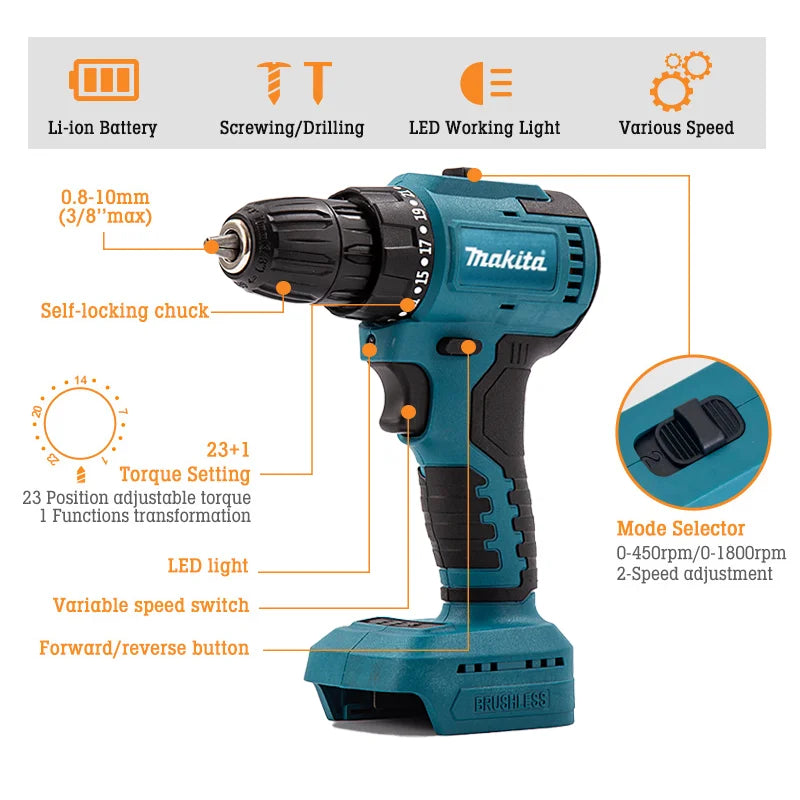 Makita 18V 1000Nm Brushless Rechargeable 10mm Impact Driver Electric Drill Electric Tool Impact Screwdriver Electric Drill
