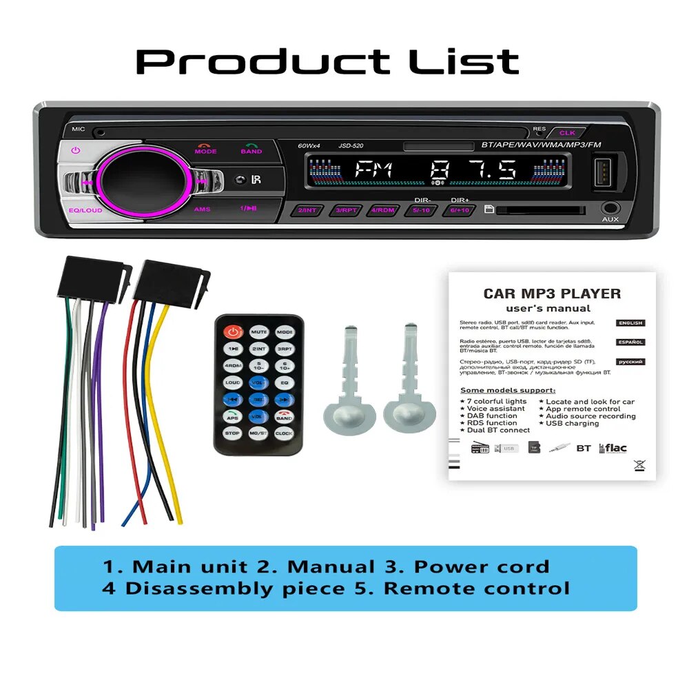Ptopoyun Car Radio with Bluetooth Autoradio JSD-520 MP3 Player FM Audio Stereo Receiver Music USB/TF In Dash 1 DIN AUX Input