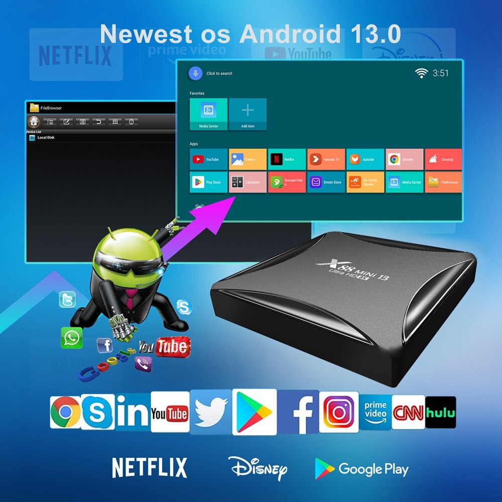 X88 Mini 13 Android 13.0 TV Box RK3528 Quad Core 2G/16G 4G/32G 2.4G 5G Dual WIFI H.265 8K UHD Youtube Smart Media Player