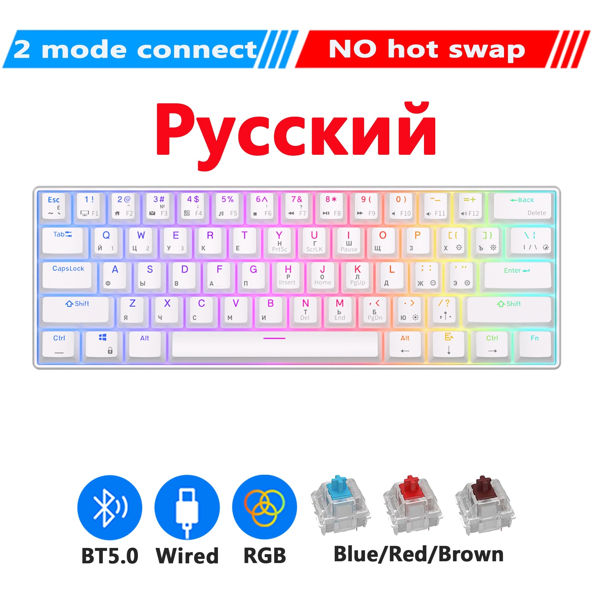 RK61 Royal Kludge Wireless Mechanical Keyboard Tri-Mode Bluetooth 5.0/2.4G/USB-C RGB Backlit 61 Key Hot-Swappable Gamer Keyboard