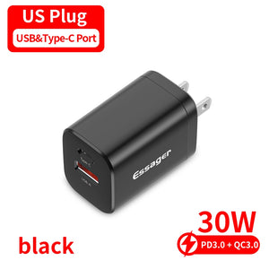 Essager USB Type C Fast Charger 30W QC PD 3.0 Dual Port Mini Portable Adapter For IPhone 14 13 12 IPad Xiaomi Fast Wall Chargers