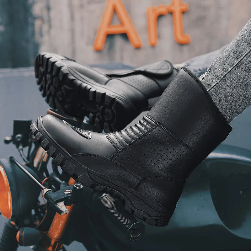 Motorcycle Riding Leather Boots for Men and Women Outdoor Botas Motocross Winter Black Thick Soled Plush Knight Boots