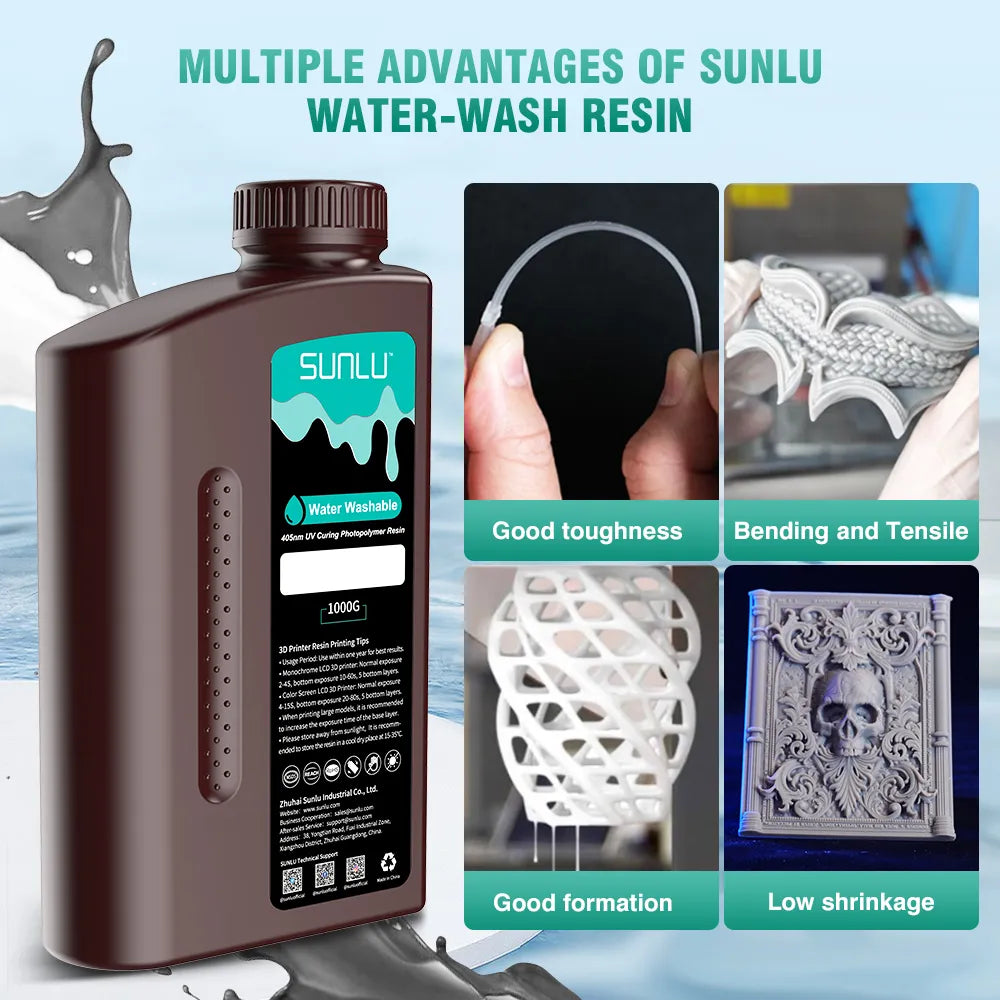 SUNLU/JYAO Water Washable 1000g 395-405nm UV Curing 3D Printing Photopolymer Resin for 2K 4K 8K LCD DLP SLA Resin 3D Printers