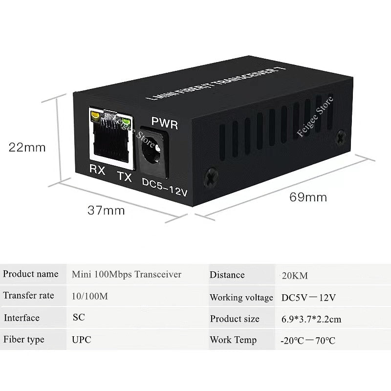 HTOC Mini Fiber Optical Transceiver 20KM SC Single Mode Single Fiber 10/100M Ethernet Media Converter 1 Pair