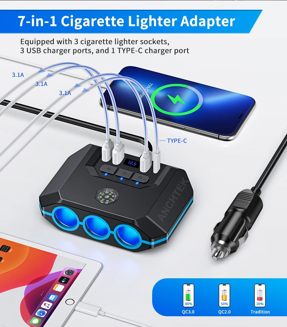 Anchtek 120W Car Cigarette Lighter Adapter USB Fast Charger Splitter Multinational Socket Ports LED Voltmeter Auto Accessories