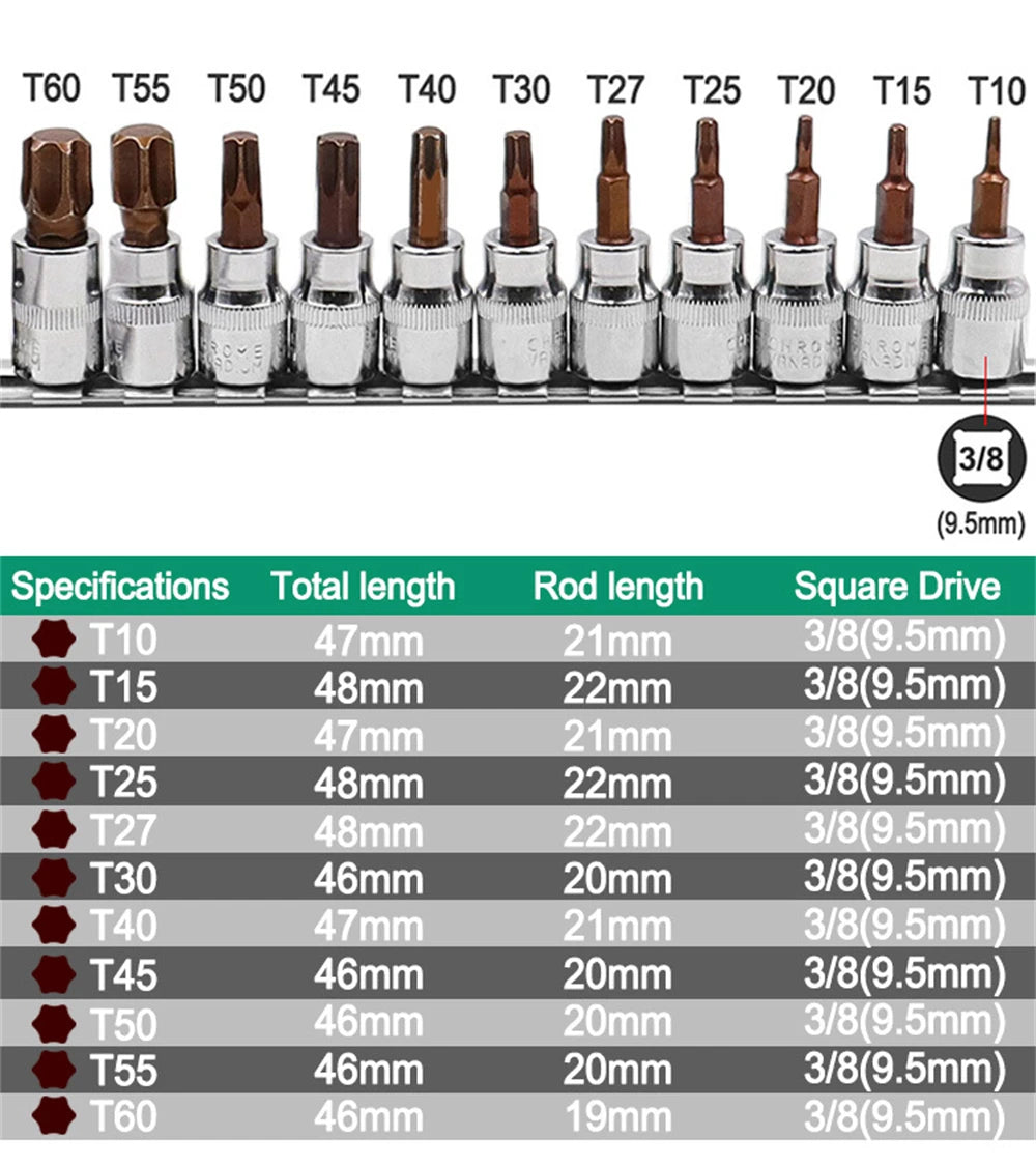 3/8 Torx Screwdriver Bit Key Set With Storage Rack 12pcs S2 Screw Head Impact Socket Tools For Electric Wrench Bicycle Garage