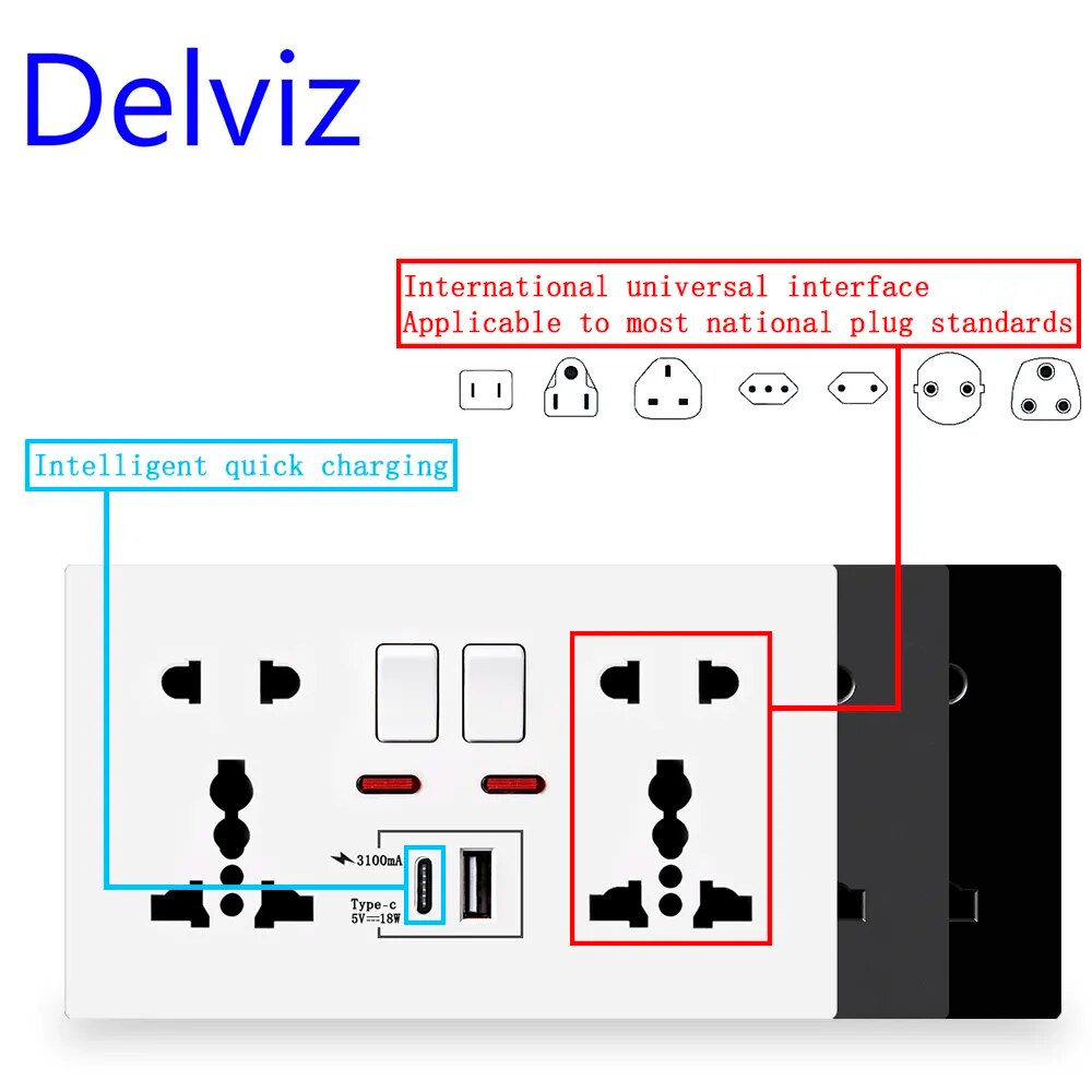 Delviz 18W Type-C Wall Outlet, 4A Smart Quick Charge interface, Universal Dual Socket,Switch control, 1A1C USB Port Power Socket