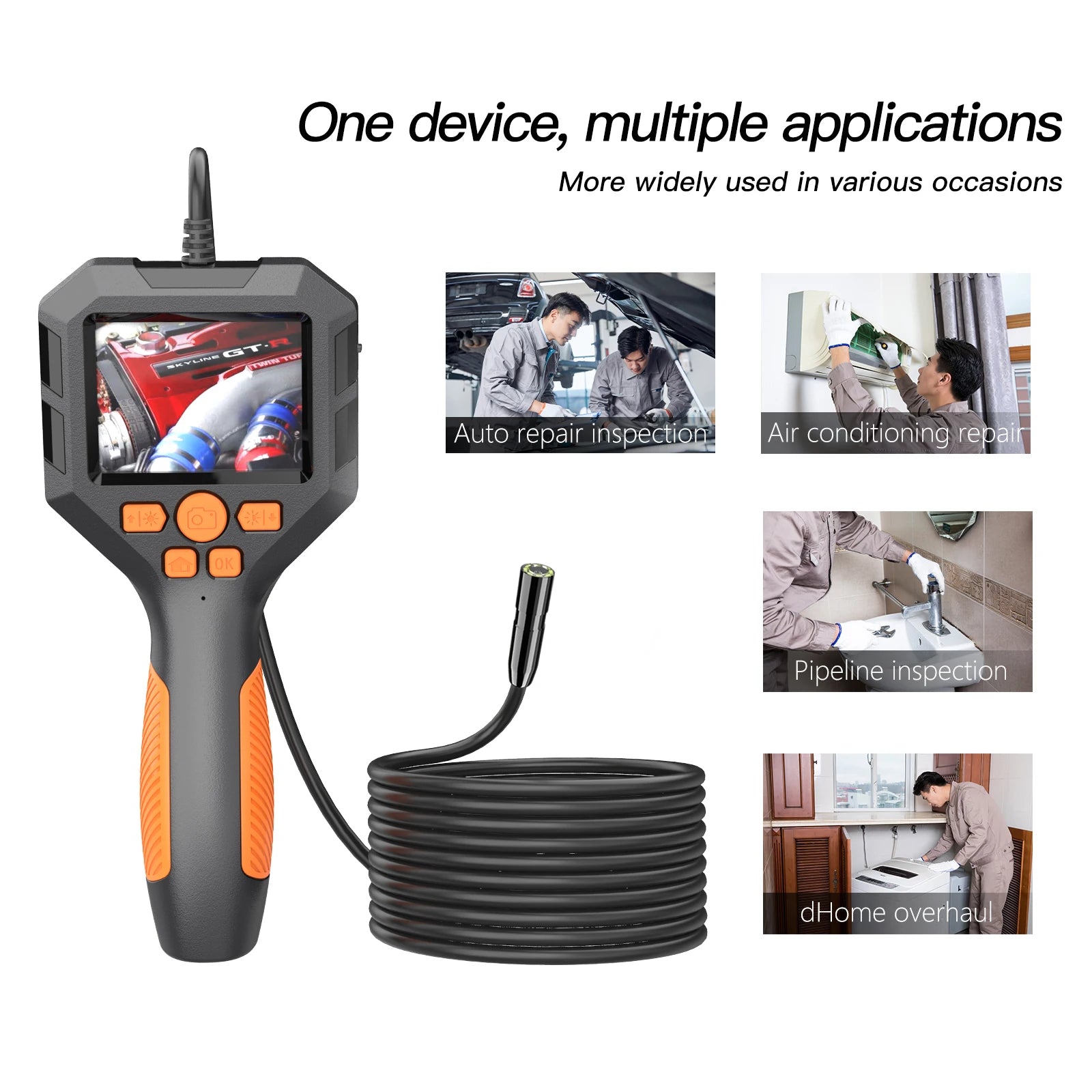 Industrial Endoscope Camera 2.4''/2.8'' IPS Screen Sewer Inspection Borescope IP68 Waterproof 8mm Lens For Car Engine Repair