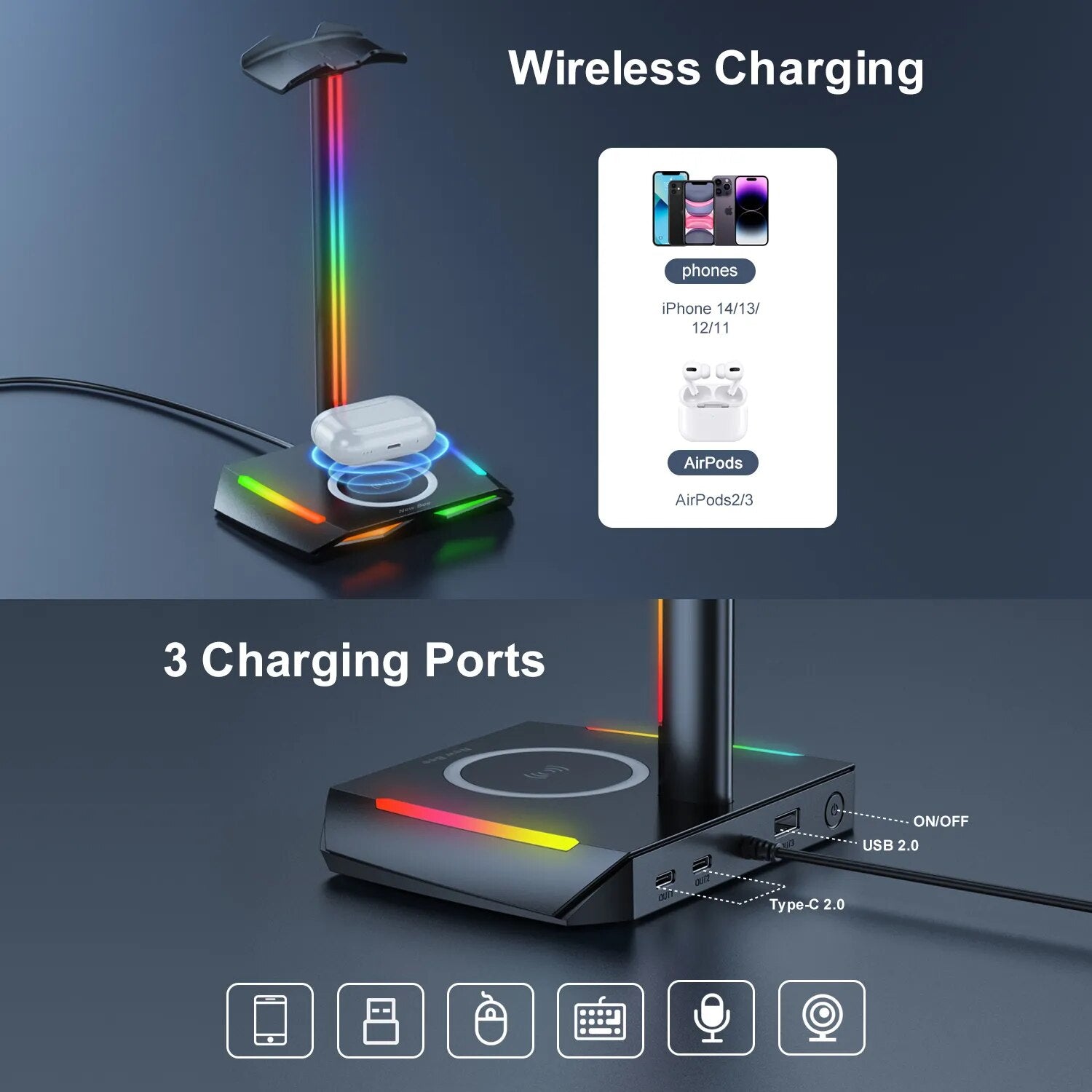 New Bee Z12 RGB Headphones Stand Holder with Wireless Charger Base Desk Gaming Headset Holder Non-Slip Rubber Base