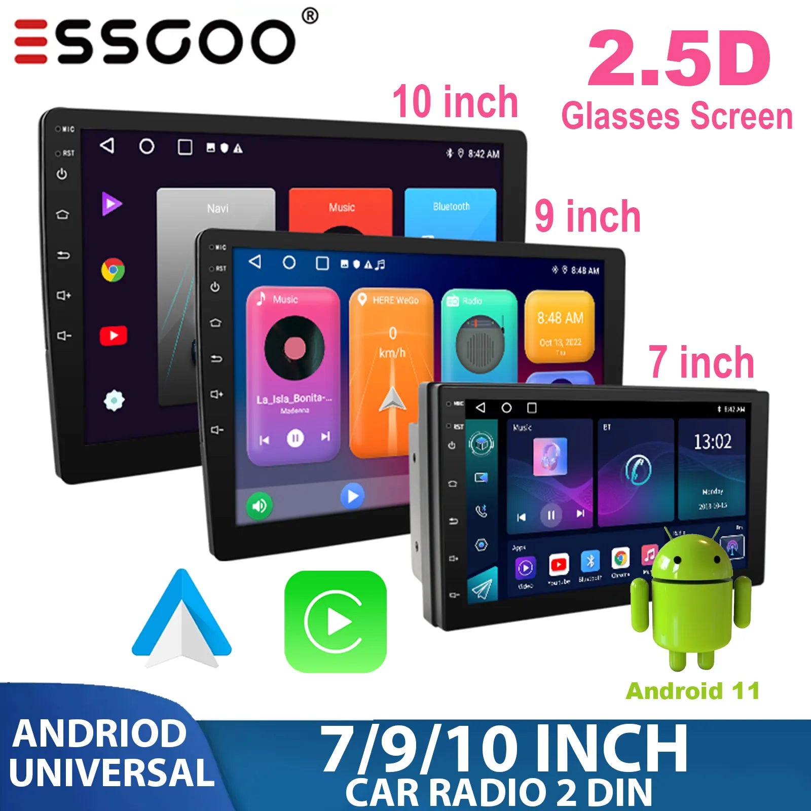 ESSGOO Car Radio 2 Din 7"/9"/10" Carplay Auto Android 11 Mp5 Universal WIFI GPS Car Radio Multimedia Video Player FM Car Stereo