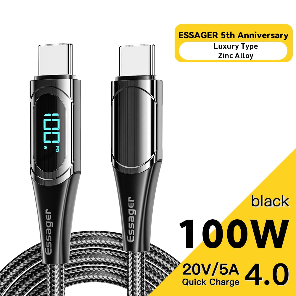 Essager USB Type C To USB C Cable 100W/5A PD Fast Charging Charger Wire Cord For Macbook Xiaomi Samsung Type-C USBC Cable  2M