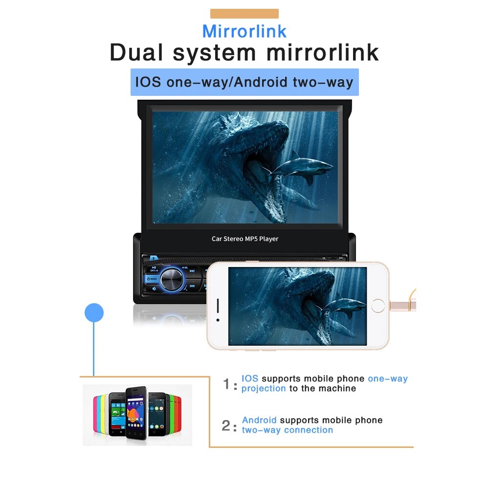 Grandnavi Universal 1Din Retractable Car Radio Stereo MP5 Player 7inch Touch Screen Mirrorlink SD FM USB Bluetooth AUX Audio