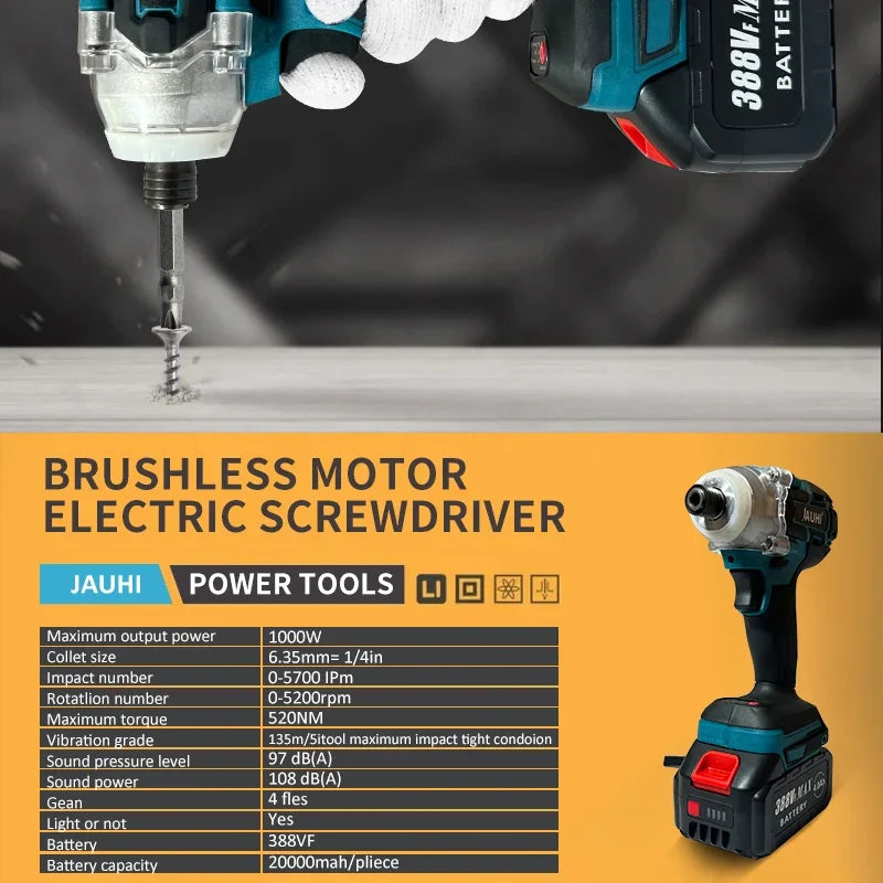 520N.m Brushless Drill Cordless Electric Impact Wrench Rechargeable 1/4 Square Drive Wrench Power Tool For Makita 18V Battery