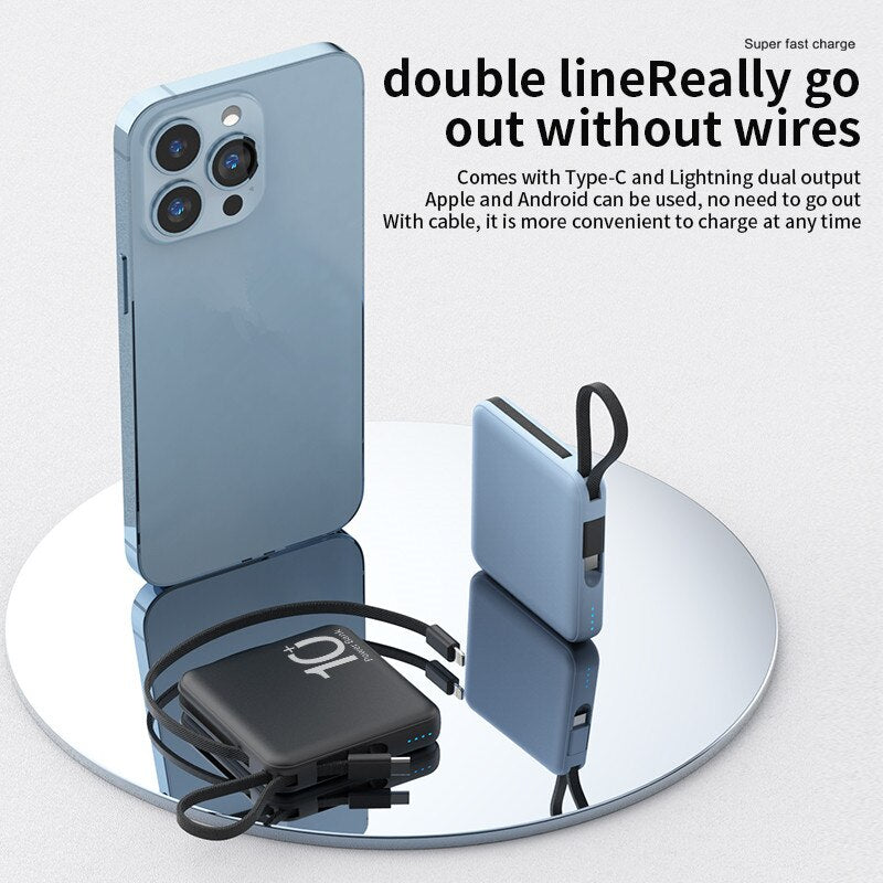 Mini Power Bank 10000mAh Portable External Battery Pack Built in Cable Powerbanks Spare Batteries for iPhone14 Samsung Xiaomiung