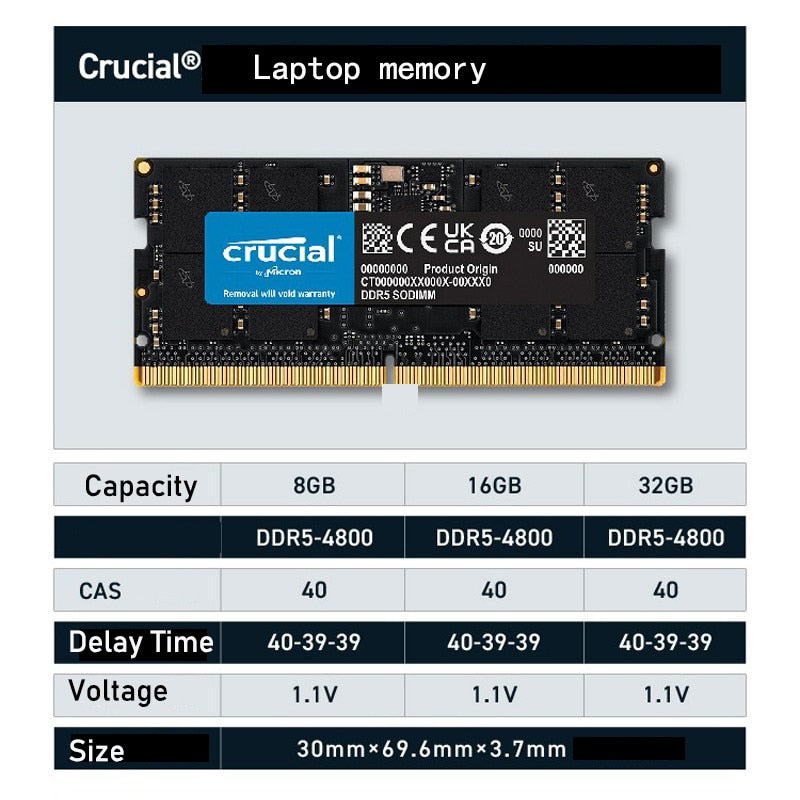 Crucial Laptop RAM Memory DDR5 8GB 16GB 32GB 4800MHz  5200MHz 1.1V CL40 262-Pin For Notebook Module SO-DIMM
