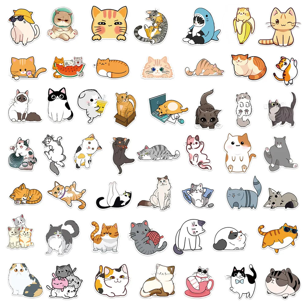 10/30/50pcs Kawaii Cat Kitty Stickers Cute Animal Decals Kids Toys Scrapbook Laptop Phone Stationary Guitar Suitcase Car Sticker