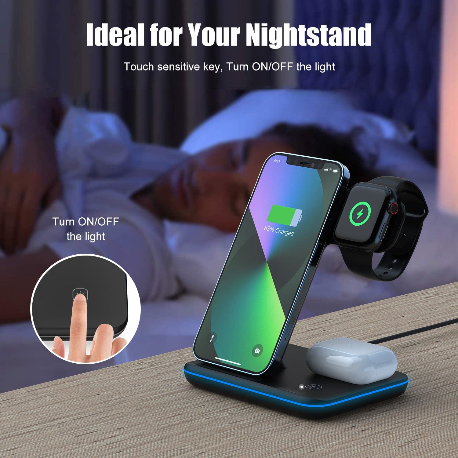 3 in 1 Wireless Charger Stand 15W Qi Fast Charging Dock Station for Apple Watch iWatch S8 AirPods Pro For iPhone 14 13 12 XS XR