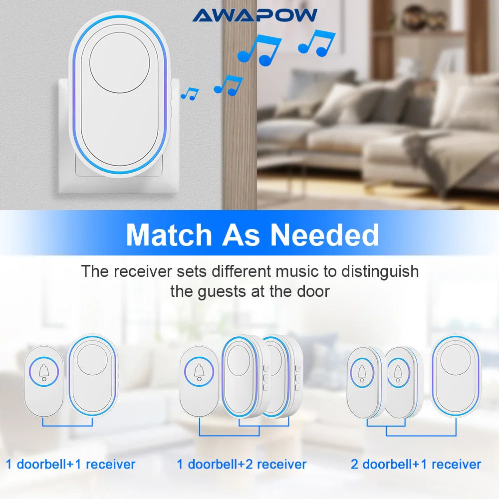 Awapow IP65 Waterproof Wireless Doorbell Smart Home Outdoor Door Bell 39 Ringtone 4 Volume Adjustable LED Flash Security Alarm