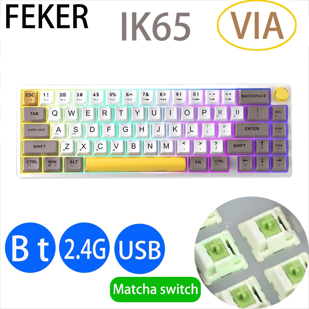 FEKER IK65 VIA Bluetooth Mechanical Keyboard Bt 2.4G Hot Swap Matcha Switch Gasket PBT Keycaps 3Modes RGB 65% Knob Keyboard