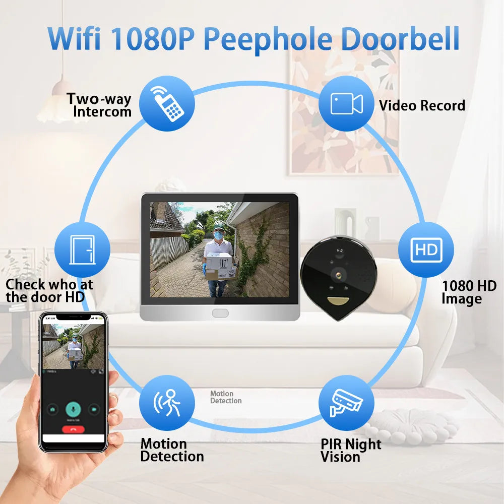 4.3inch Tuya Smart Wifi Video Peephole Two Way Audio Night Vision Doorbell Monitor 1080P 200W Pixels Video Doorbell