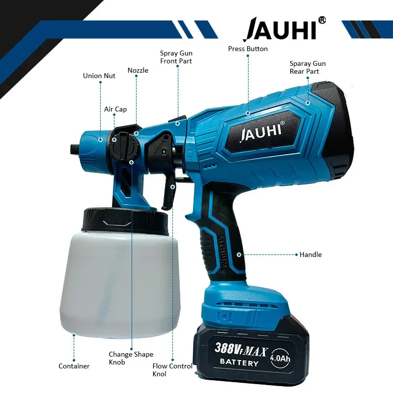 JAUHI 1000ML Electric Spray Gun Cordless Paint Sprayer Auto Furniture Steel Coating Airbrush Compatible For Makita 18V Battery