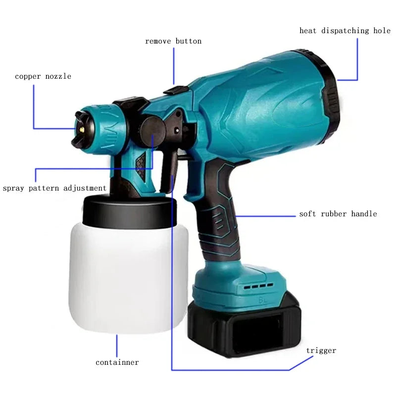 Electric Spray Gun Cordless Paint Sprayer Auto Furniture Steel Coating Airbrush Compatible For Makita 18V Battery