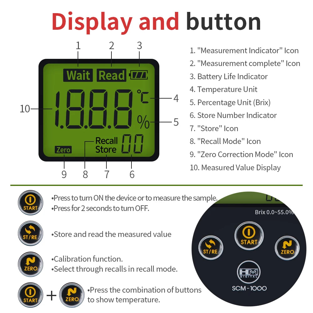 Digital Display Sugar Brix Meter Refractometer 0.0-55.0% Fruits Drinks Beverage Sugar Content Measuring Instrument Saccharimeter