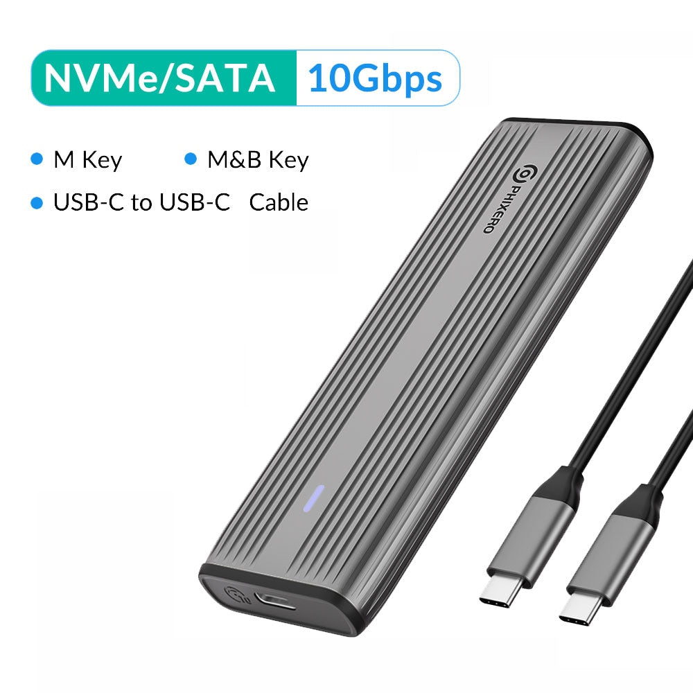 PHIXERO M.2 NVMe SATA SSD Enclosure Dual Portocol NVMe to USB Adapter 10Gbps USB 3.1 Gen2 USB C External Case Box Aluminum alloy