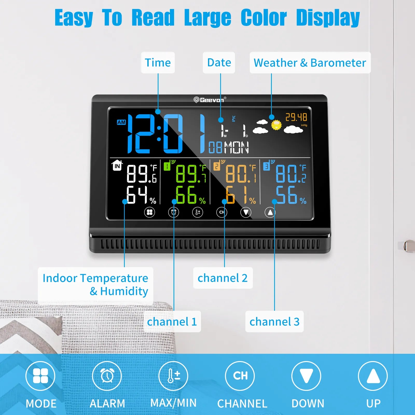 Geevon Weather Stations Wireless Indoor Outdoor Multiple Sensors, Large Color Display Weather Thermometer With USB Charge