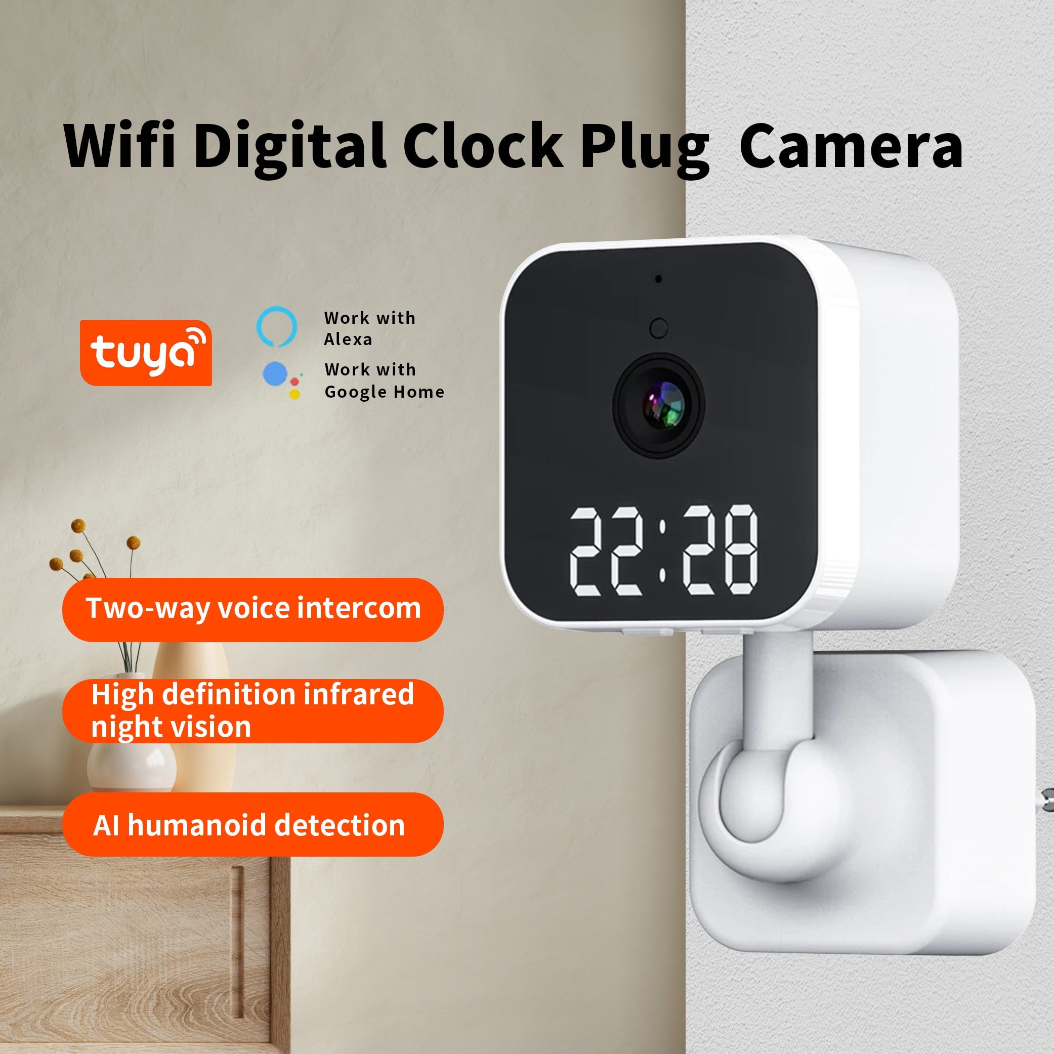 Tuya Wifi Plug Camera with Digital Clock Indoor HD Home Security Night Vision Video Surveillance Wireless Rotation IP Motion Cam