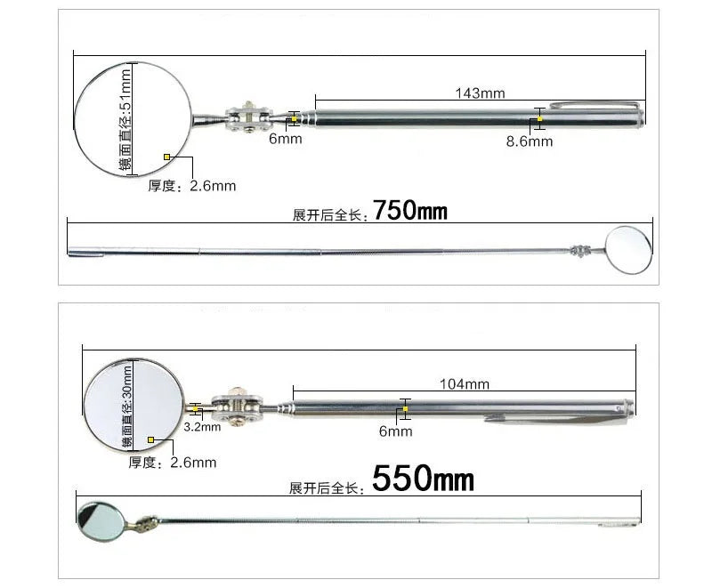 30/50mm Portable Car Telescopic Detection Lens Inspection Round Mirror Car Angle View Pen For Auto Inspection Hand Repair Tools