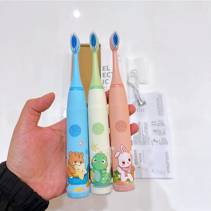Children Electric Toothbrush With Replacement Head Cartoon Kids Ultrasonic IPX7 Waterproof Rechargeable Sonic Clean Toothbrush