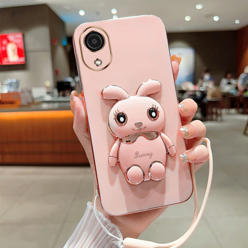 Cute Cartoon Rabbit Fold Stand For Samsung Galaxy A03 Core Phone Case With Lanyard Luxury Plating Cover
