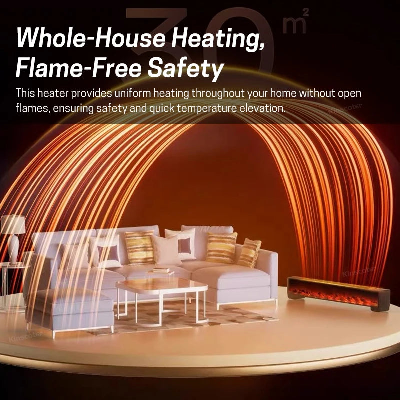 KINSCOTER Baseboard Heater Simulated Fireplace Lighting 2000W Electric Space Heater Floor Warmer Fan with Remote Control