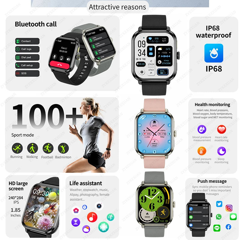 2024 New Smart Watch For Women Men Gift 1.83" Screen Full Touch Sport Fitness Watches Bluetooth Call Blood Sugar Smartwatch+Box