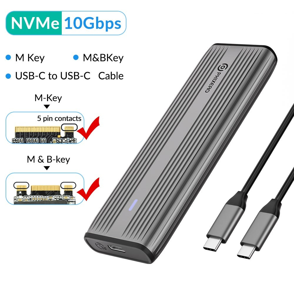 PHIXERO 10Gbps Dual Portocol SSD NVMe M.2 Enclosure SSD to USB Adapter NGFF SATA External Case Type C HD Storage Box for PC Mac
