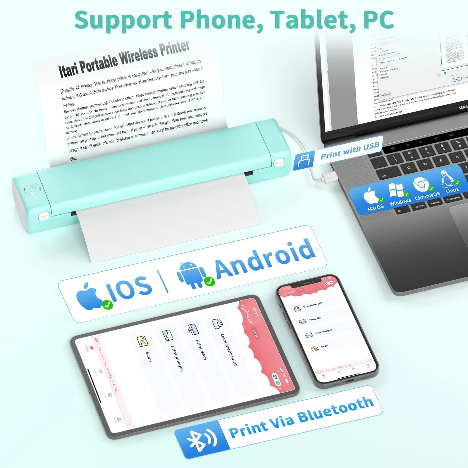 M08F A4 Thermal Printer Wireless Portable Handheld Bluetooth Mini Personal Home Office Printers HD Printing No Need To Use Ink