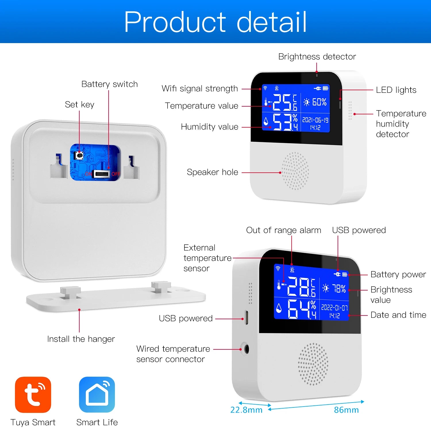 TUYATemperature and humidity sensor WiFi LCD intelligent life indoor temperature and humidity meter multi-function pager