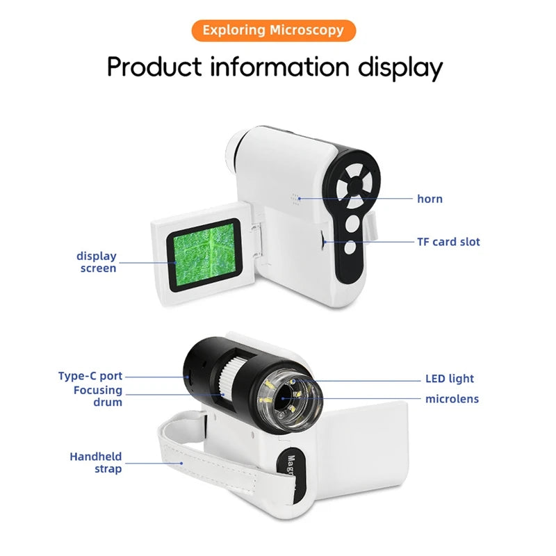 DV Microscope 1000X Portable Handheld Photography Microscope For Kids With 6 LED Lights 2Inch LCD With 32GB Memory Card