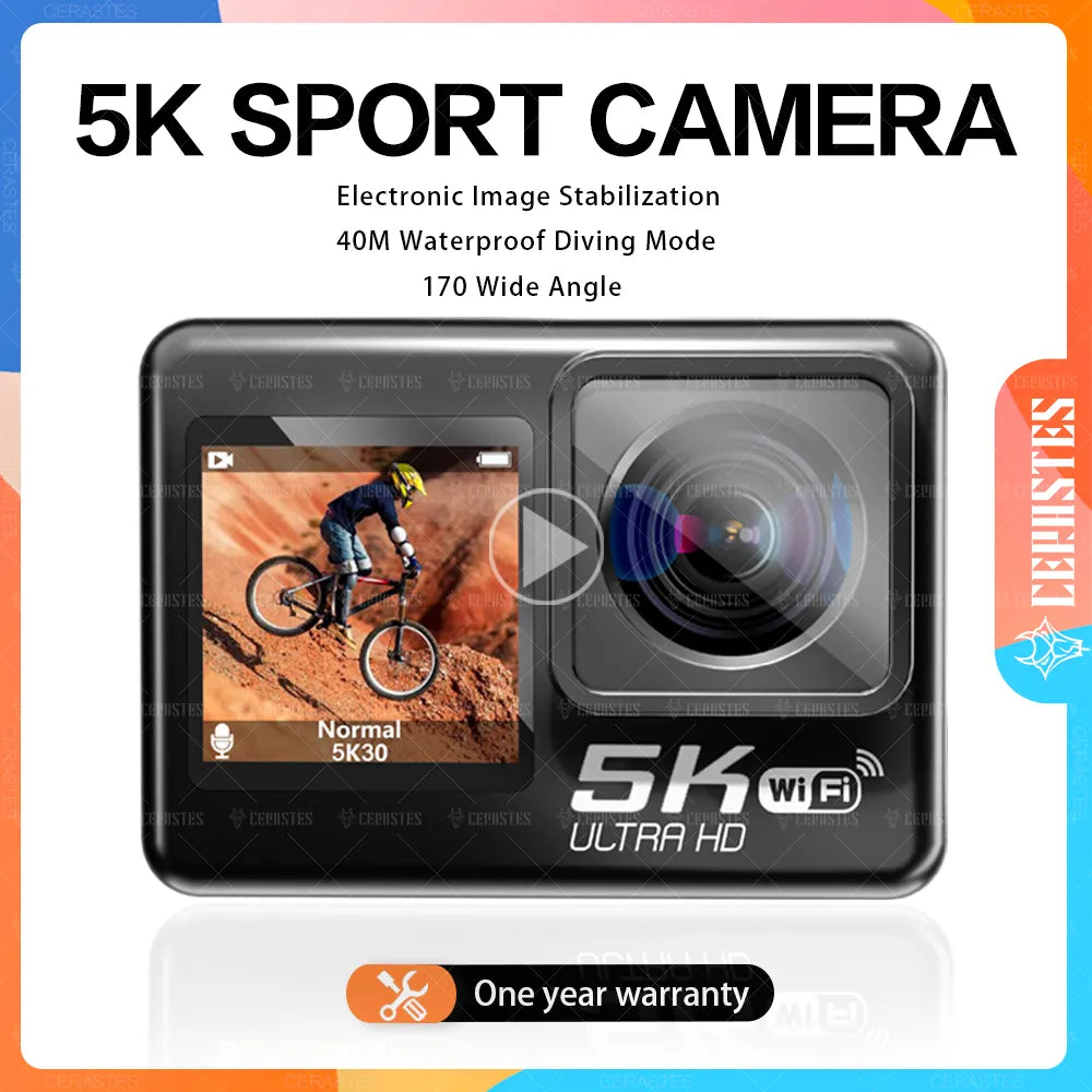 CERASTES 4K 5K 60FPS WiFi Anti-shake Action Camera Dual Screen 170° Wide Angle 30m Waterproof Sport Camera with Remote Control