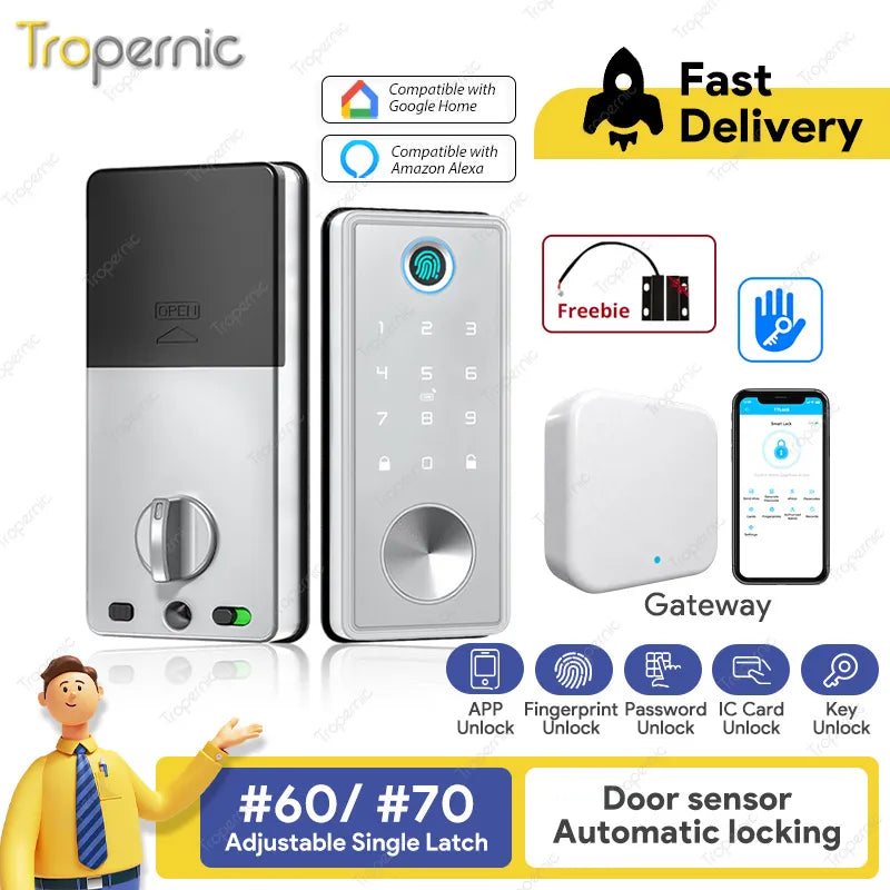 Smart Deadbolt Locks for Front Door Alexa WiFi TTlock App Biometric Fingerprint keyless Entry Keypad door lock with Gateway