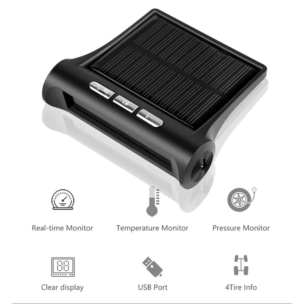 USB or Solar Charging Car TPMS Tire Pressure Monitoring System HD Digital LCD Display Auto Alarm tool Wireless 4 external Sensor