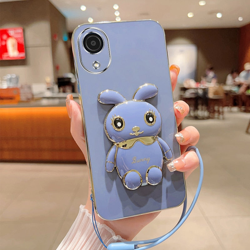 Cute Cartoon Rabbit Fold Stand For Samsung Galaxy A03 Core Phone Case With Lanyard Luxury Plating Cover