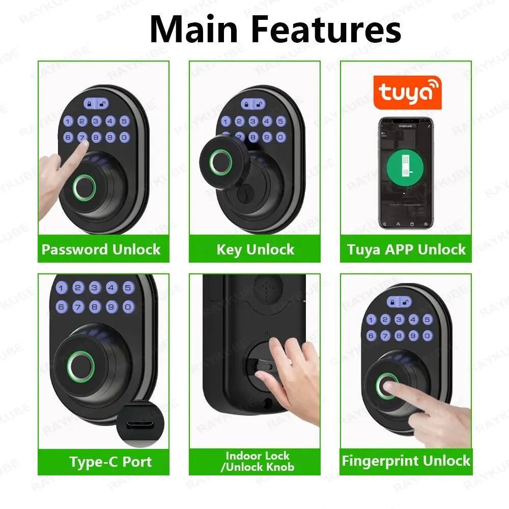 Smart Deadbolt Lock Tuya Bluetooth Fingerprint Digital Electric Lock Support Remote Temporary Password For Wooden Door 904F