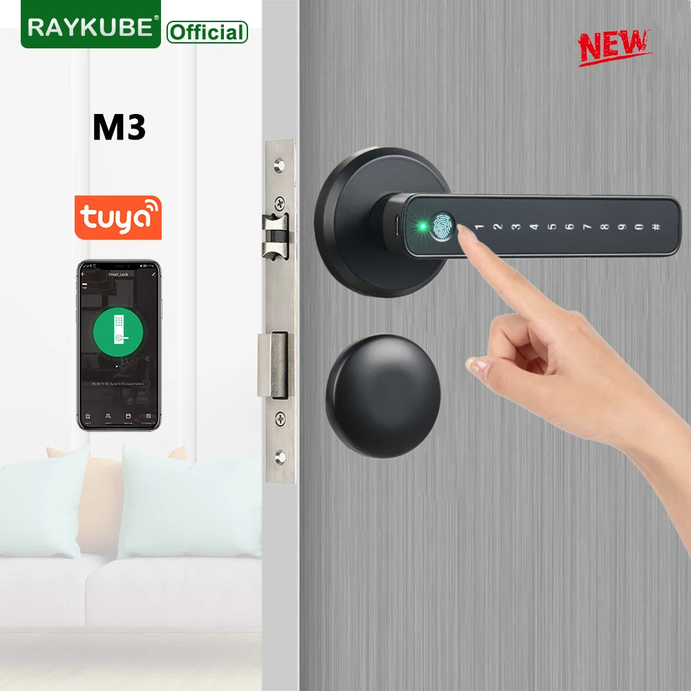 RAYKUBE M3 Tuya BLE Smart Fingerprint Door Lock Password Lock with Keys Smartlife/Tuya APP Unlock For Indoor Wooden Metal Door