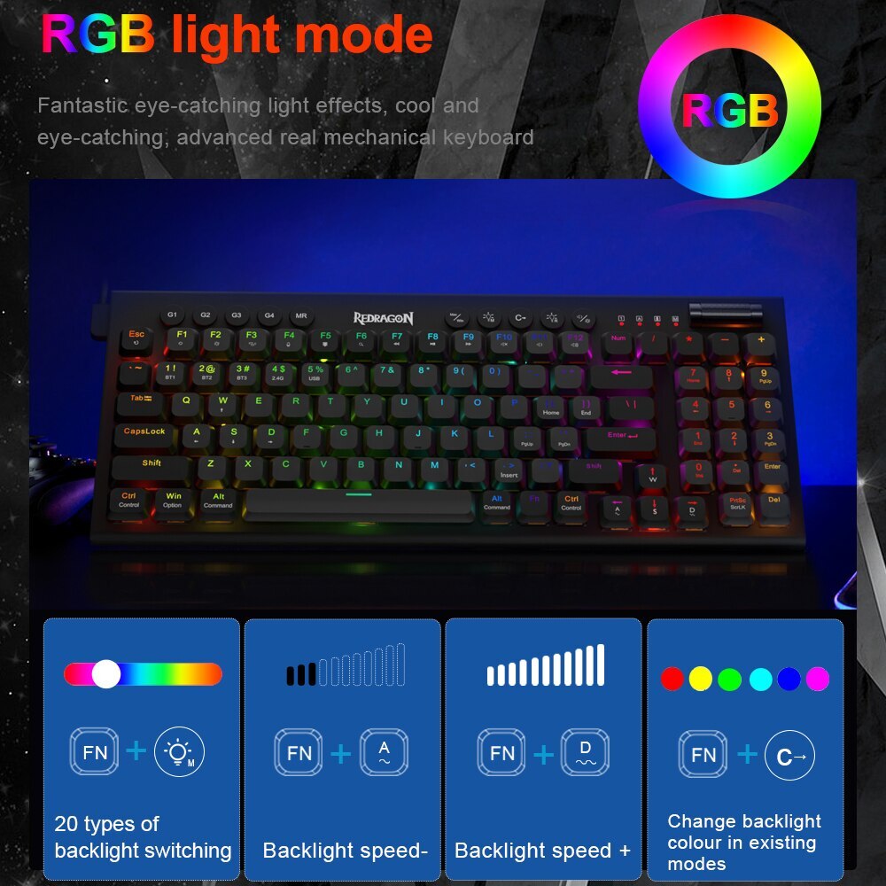 REDRAGON Sion K653 Pro RGB Support Bluetooth 5.0 Wireless USB 2.4G 3 Mode Slim Mechanical Gaming Keyboard 94 Keys for Compute PC