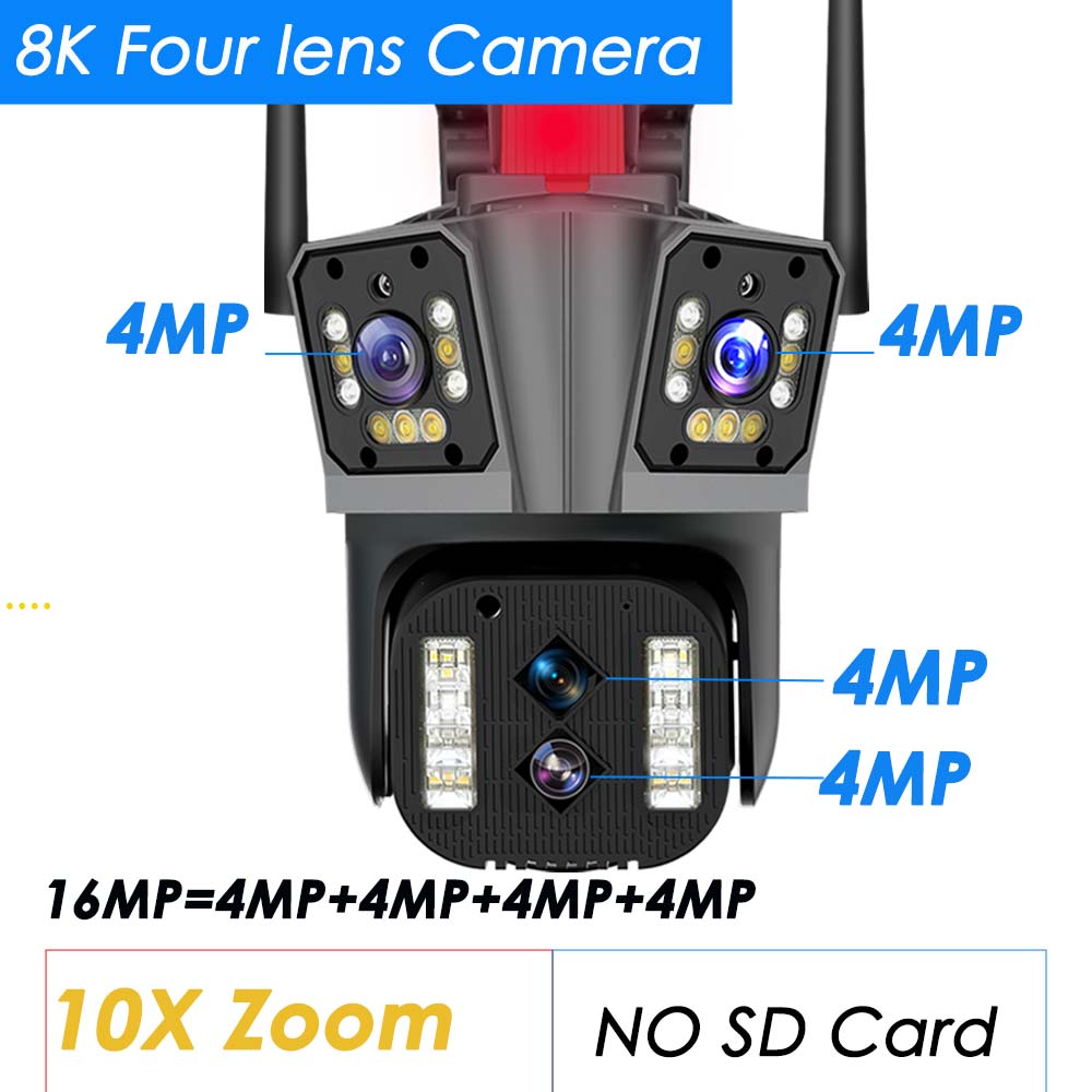 16MP 8K WiFi IP Camera 10X Zoom 4K Outdoor Security Camera Surveillance AI Track Four Lens Three Screen Mini Street Camera 360°